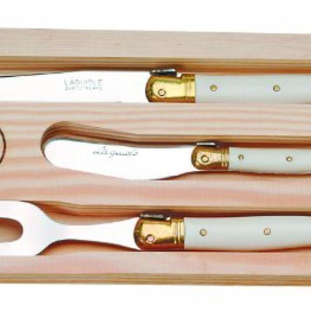 Jean Dubost 3-Piece Cheese Knives Set in Box, Ivory