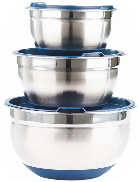 Fitzroy and Fox 3 Piece Stainless Steel Mixing Bowl Set with Lids, Non Slip Silicone Bottoms, and Volume Measurements (Blue)