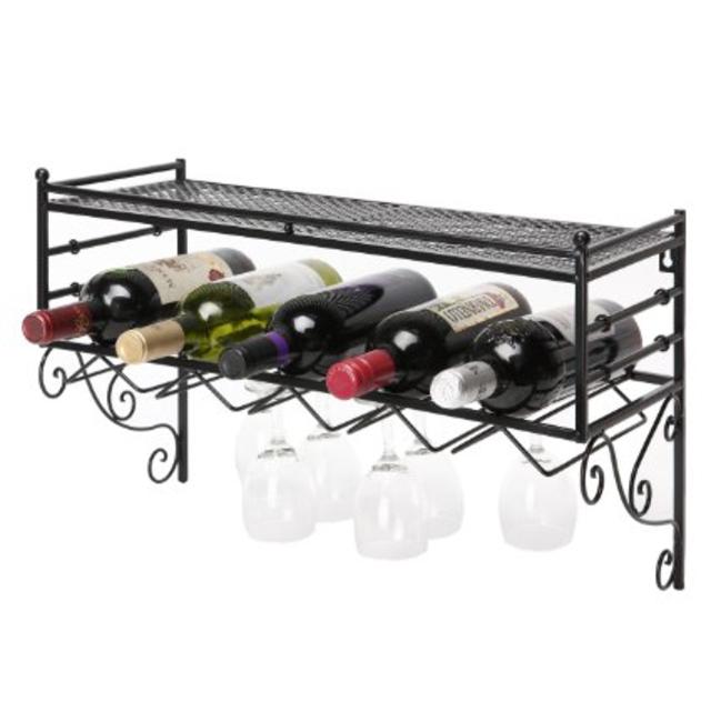 Wall Mounting Classical French Style Wine Bottle and Wine Glass Storage Organizer Rack with Top Shelf by MyGift