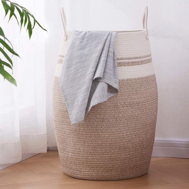 OIAHOMY Laundry Hamper Woven Cotton Rope Large Clothes Hamper 25.6" Height Tall Laundry Basket with Extended Cotton Handles for Storage Clothes Toys in Bedroom, Bathroom, Foldable (Yellow variegated)