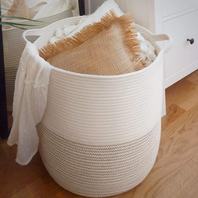 Extra Large Woven Storage Baskets | 18" x 16" Decorative Blanket Basket, Use For Sofa Throws, Pillows, Towels, Toys or Nursery | Cotton Rope Organizer | Coiled Round White Laundry Hamper with Handles