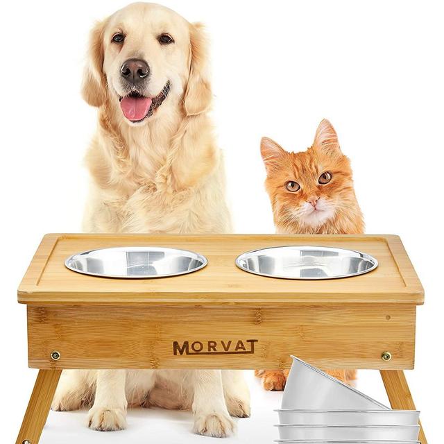 Morvat Raised Dog Bowl Feeding Station for Large Dogs -Double Dog Dishes Elevated for Large Dogs & Cat Pet Feeder, Adjustable Bamboo Dog Dishes for Large Dogs - 3 Heights & 4 Stainless Steel Dog Bowls