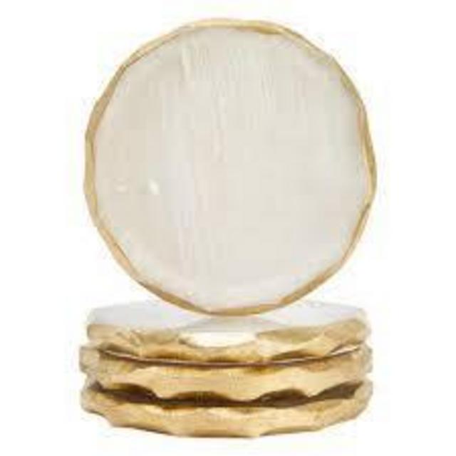 4 Pack Natural Selenite Crystal Coasters for Drinks, Geode Slices with Gold Painted Edge