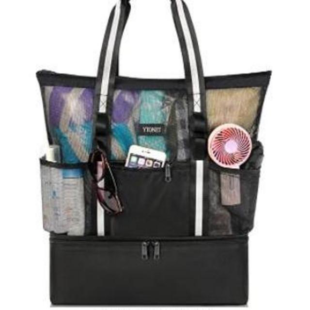 Mesh Beach Bag, Beach Tote Bag with Detachable Cooler Compartment for Women Men, 35L Oversized Beach Bags for Beach Pool Picnic Camping, Black
