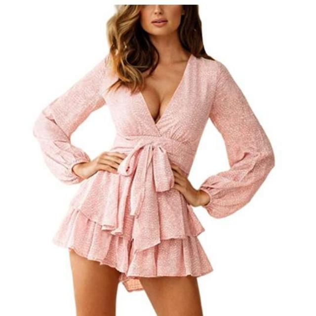 AIMCOO Women's Floral Print Deep V-Neck Romper Double Layer Ruffle Hem Jumpsuits Long Baggy Sleeves Waist Tie Short Rompers