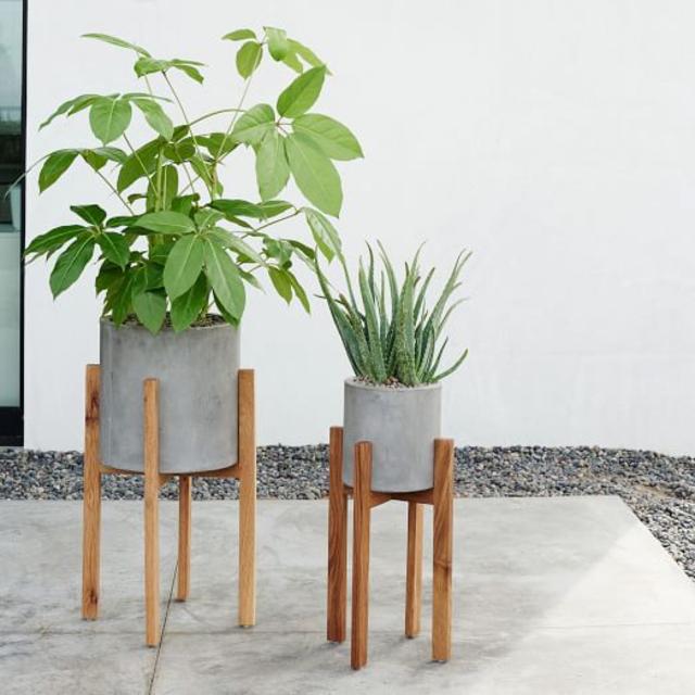 Modern Wood Leg Standing Planter - Cylinder - short