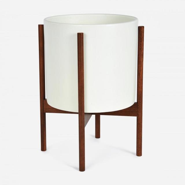 Large Cylinder Planter in White Ceramic and Wood Stand