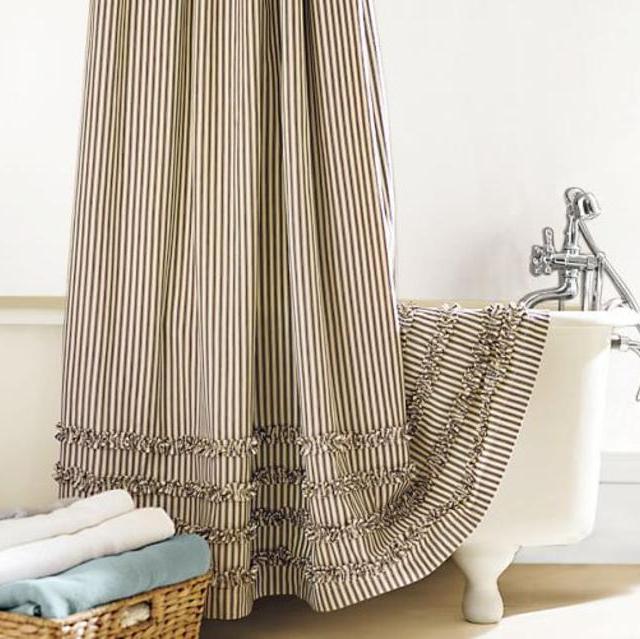 Ruffled Ticking Stripe Shower Curtain, Black/Almond