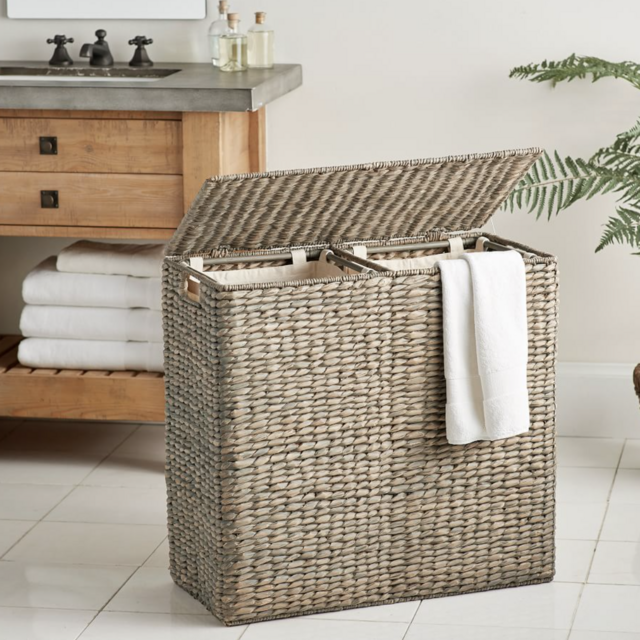 Color: Grey Wash. Charleston Seagrass Handcrafted Divided Hamper with Liner