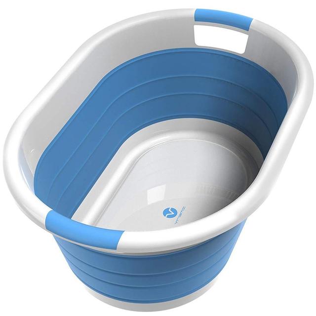 Vremi Collapsible Plastic Laundry Basket - Large Folding Pop Up Laundry Basket Space Saving Storage Container Organizer for Kids Toys or College Dorm Rooms - Decorative Laundry Hamper - Blue and White