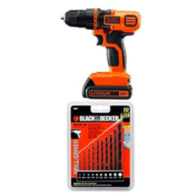 Black + Decker 20V Drill and 10 piece drill tool set