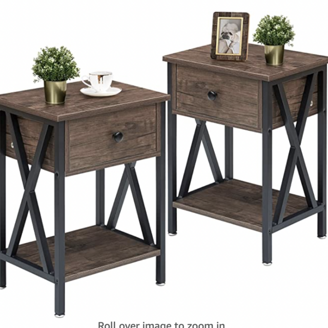 VECELO Nightstand Modern Side End Tables Night Stand with Bin Drawer for Living Room Bedroom, Set of 2, Industrial Metal Frame, Nightstands, Gry