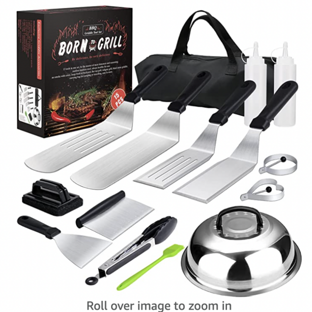 Griddle Accessories,15 Pcs Flat Top Grill Accessories kit for Blackstone and Camp,Stainless Steel BBQ Accessories with Spatula, Basting Cover,Tongs,Egg Mold & Carry Bag for Outdoor BBQ Teppanyaki