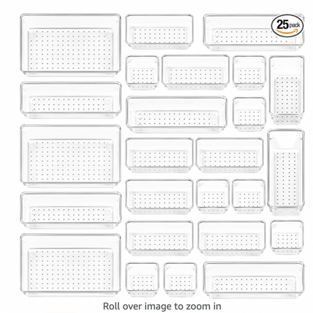 Vtopmart 25 PCS Clear Plastic Drawer Organizers Set, 4-Size Versatile Bathroom and Vanity Drawer Organizer Trays, Storage Bins for Makeup, Bedroom, Kitchen Gadgets Utensils and Office