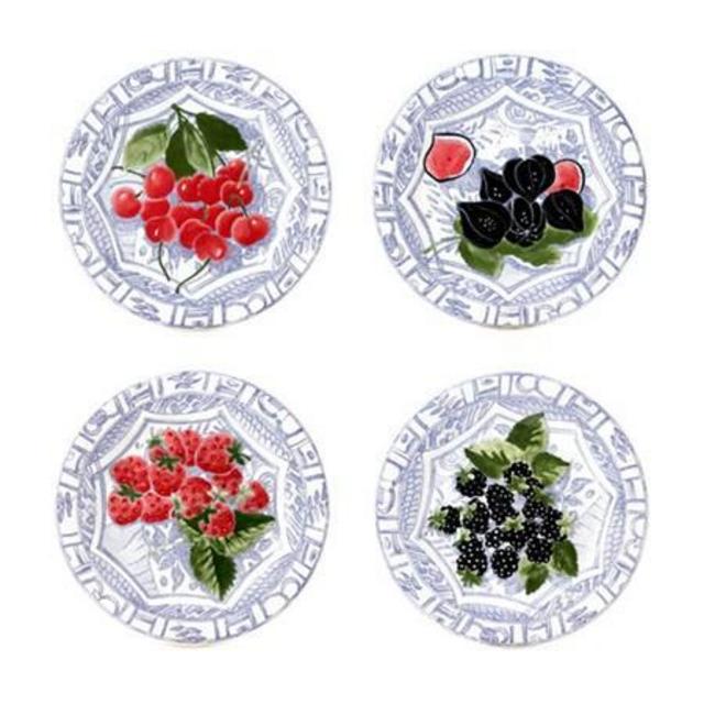 Gien Oiseau Bleu Fruits Assorted Dessert Plates, Set of 4
