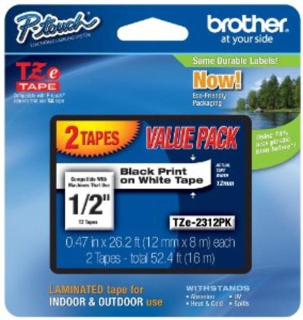 Brother P-touch ~1/2" (0.47") Black on White Standard Laminated Tape (2 Pack) - 26.2 ft. (8m) each