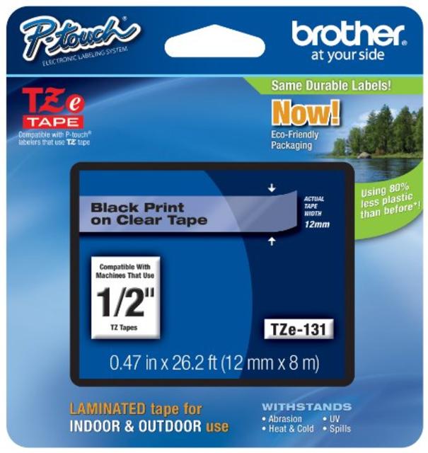 Brother P-touch ~1/2" (0.47") Black on Clear Standard Laminated Tape - 26.2 ft. (8m)
