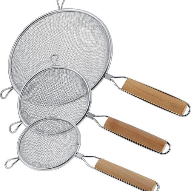 U.S. Kitchen Supply - Set of 3 Premium Quality-Double Mesh Extra Fine Stainless Steel Strainers with Comfortable Wooden Handles, 4", 5.5" and 8" Sizes