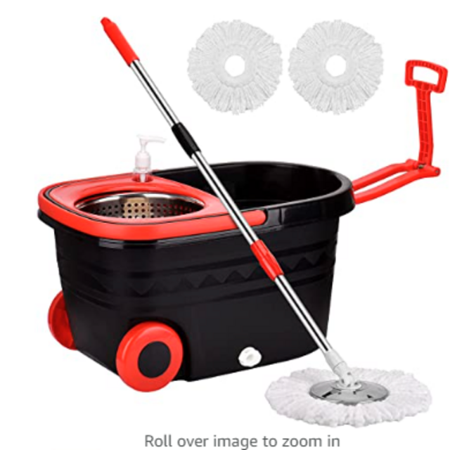 PULNDA Mop Bucket Set, 360 Spin Mop Bucket with 3 Mop Heads, Stainless Steel Spin Mop Bucket System for Floor Cleaning