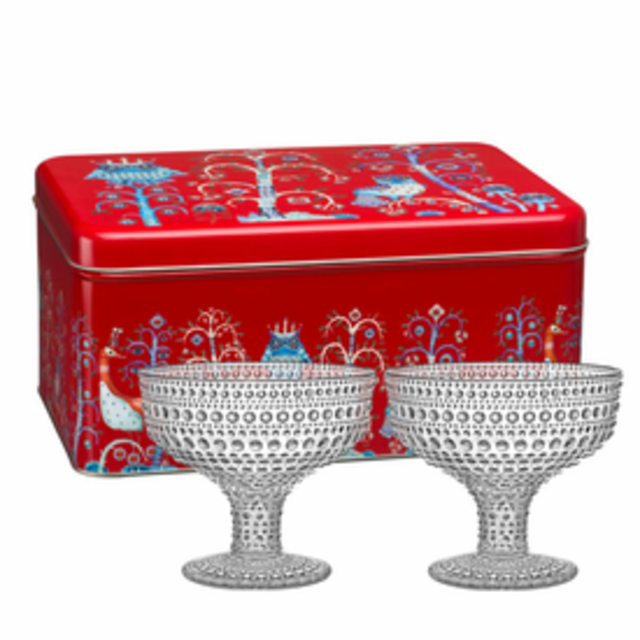 Kastehelmi Clear Footed Bowl Set of 2 in Taika Red Tin