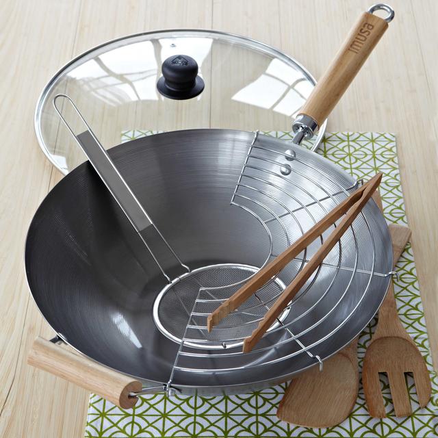 IMUSA® 7-Piece Natural Carbon Steel Wok Set