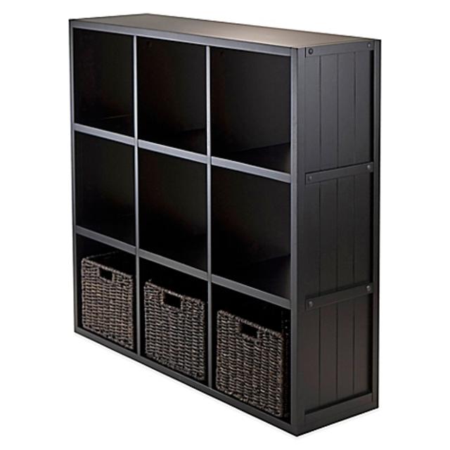 Winsome Trading Timothy 3-Tier Wide Shelf with 3 Woven Baskets in Black/Chocolate