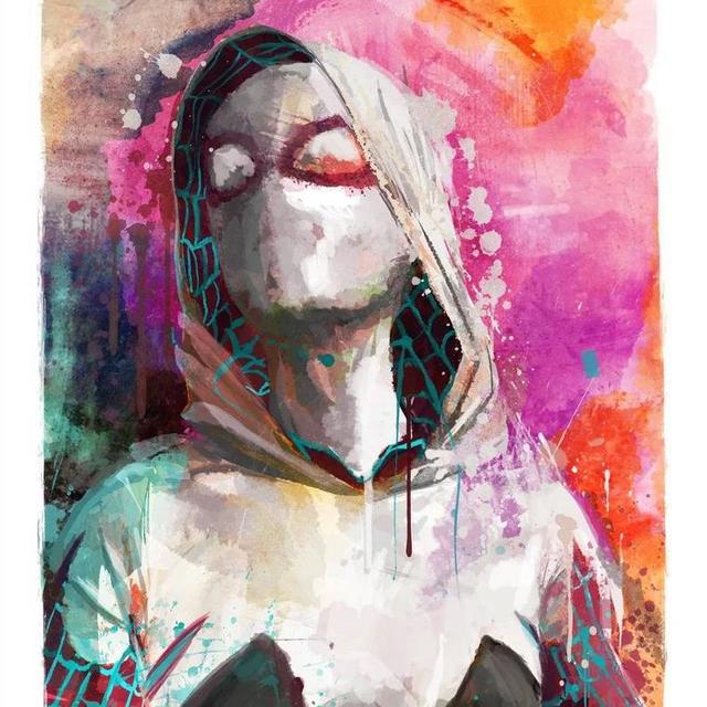 Spider Gwen Spiderverse Artist SIgned WOOD Panel, 11x17" Abstract Art Print mounted on board, signed by artist
