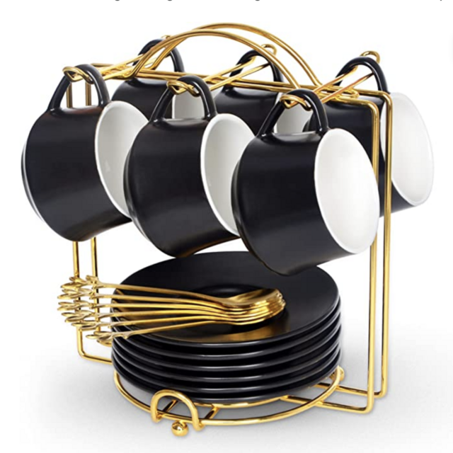 Espresso Cups with Saucers, Spoons and Metal Stand (Black)