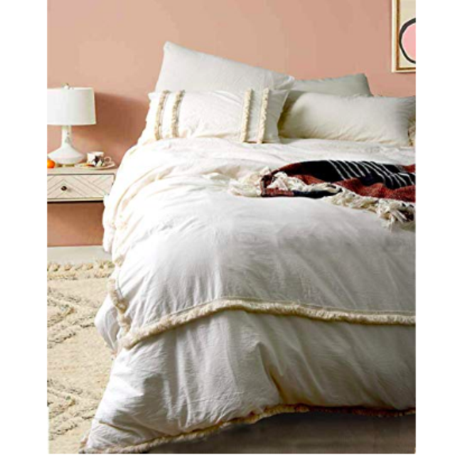 Flber Ivory Duvet Cover Tufted Boho Bedding Comforter Queen Size, 86in x90in