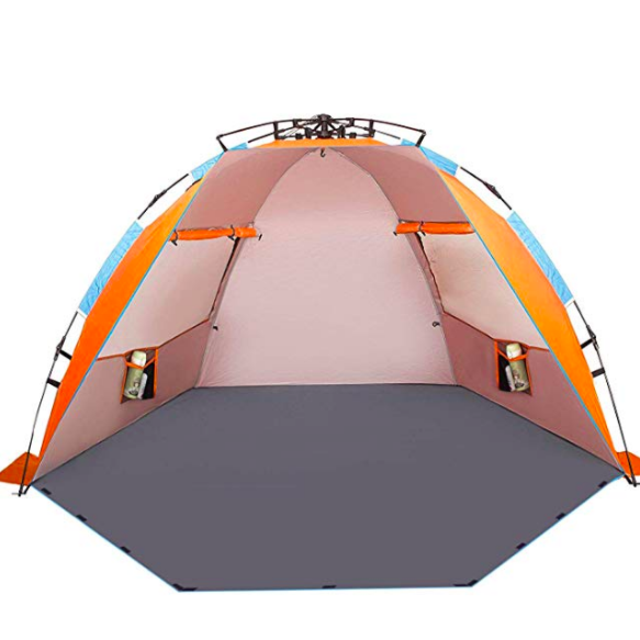 Oileus X-Large 4 Person Beach Tent Sun Shelter - Portable Sun Shade Instant Tent for Beach with Carrying Bag, Stakes, 6 Sand Pockets, Anti UV for Fishing Hiking Camping, Waterproof Windproof, Orange