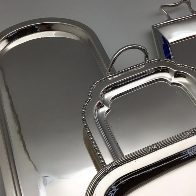 Antique silver-plated English bar tray hand-engraved with wedding date. One of a kind
