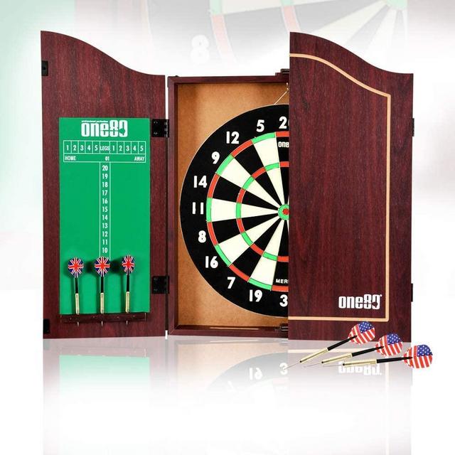 ONE80 All-in-One Dartgame Center with Self-Healing Sisal/Double-Sided Dartboard & Multifunctional Cabinet 6 Steeltip Darts and Mounting Kit Included