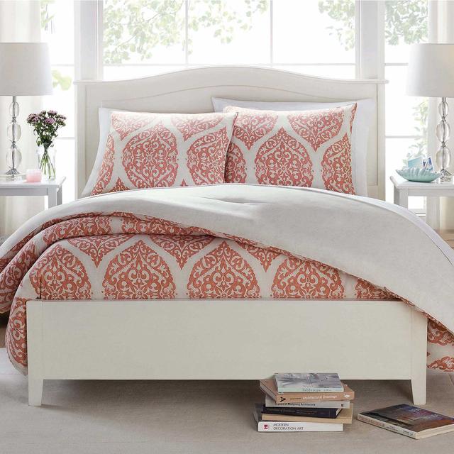 Butter Cotton Damask Ogee King Comforter Set in Coral/Ivory
