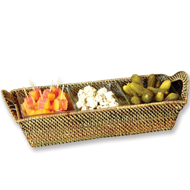 Wicker Rectangular Tray with 3 Square Glass Dishes