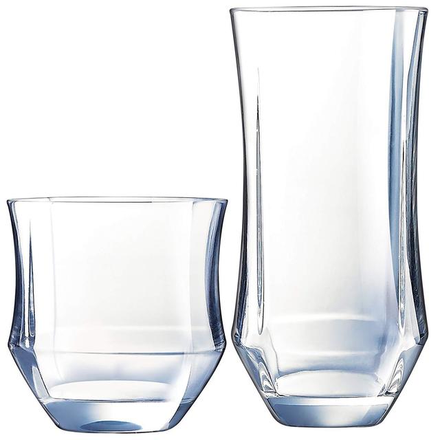 Luminarc N7360 Baroque 16 Piece Tumbler Set, 8-16.5 Ounce Coolers & 8-11.5 Ounce On The Rocks Glass, Clear