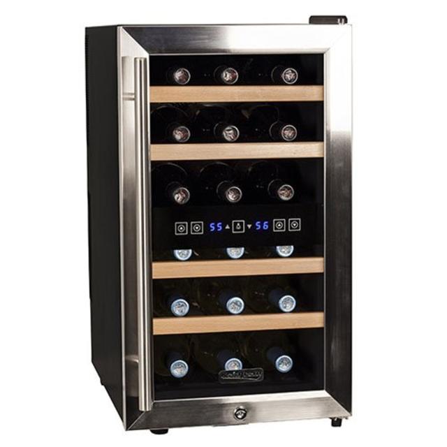 Koldfront 18 Bottle Free Standing Dual Zone Wine Cooler, Black and Stainless Steel