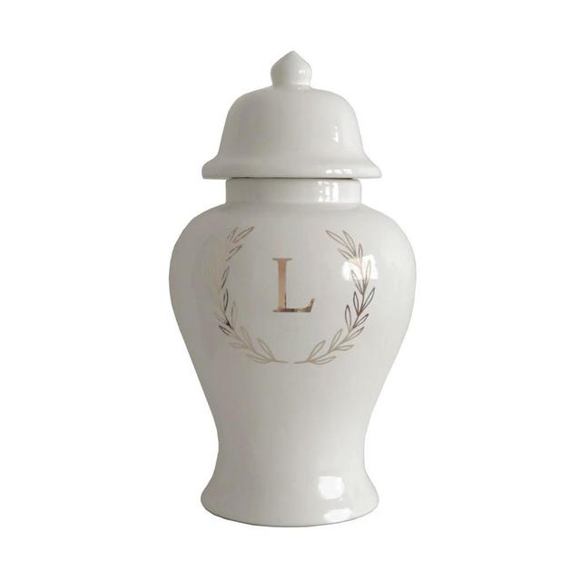 Single Letter Laurel Wreath Monogram Ginger Jars in Beige