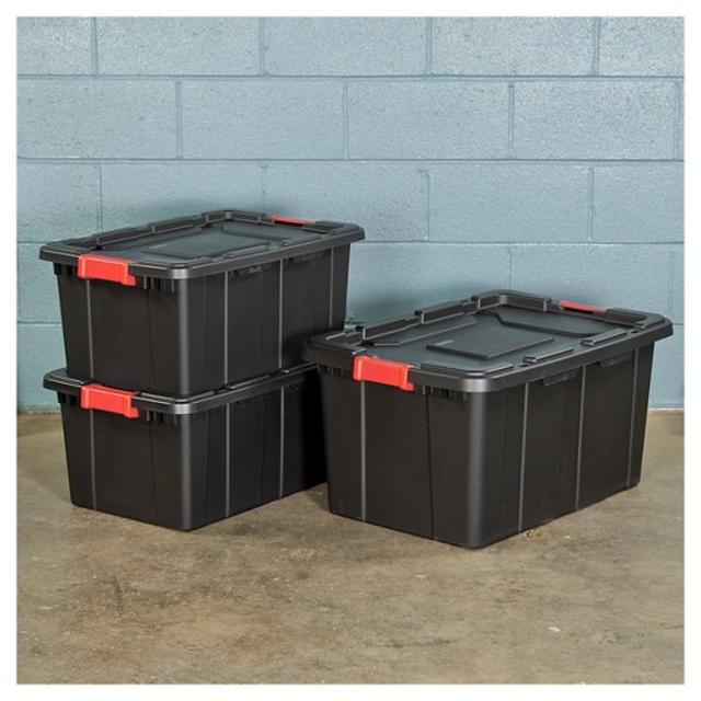 Product description page - Sterilite® 108 Qt Industrial Utility Storage Tote - Black with Red Latch