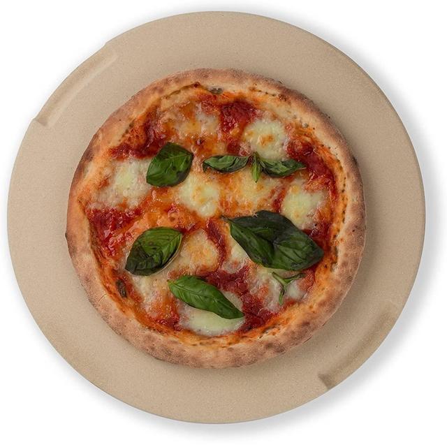 Pizza Stone 12.6" Round Baking & Grilling Stone, Perfect for Oven, BBQ and Grill. Innovative Double - faced Built - in 4 Handles Design