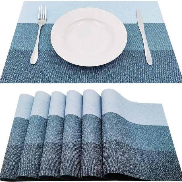Familamb Placemats for Dining Table Set of 6 Woven Vinyl Washable Table Placemats Table Decoration Heat Insulation Stain Resistant Blue-Strip