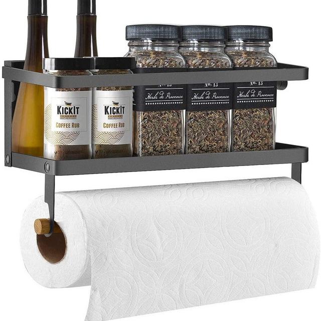Fridge Spice Rack & Magnetic Paper Towel Holder Refrigerator Spice Organizer Magnet Shelf, Black