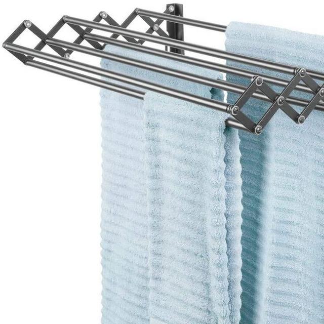 mDesign Metal Wall Mount Accordion Expandable Retractable Clothes Air Drying Rack - 8 Bars for Hanging Garments - Great for Laundry Room, Bathroom, Utility Area - Compact Fold Away - Graphite Gray