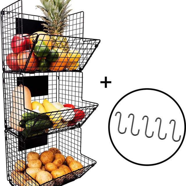 3 Tier Hanging Wire Basket - Wall Mounted Storage Bins with Adjustable Chalkboards and S-Hooks - Fruit and Pantry Organization - Heavy Duty Iron Metal - Gift Box