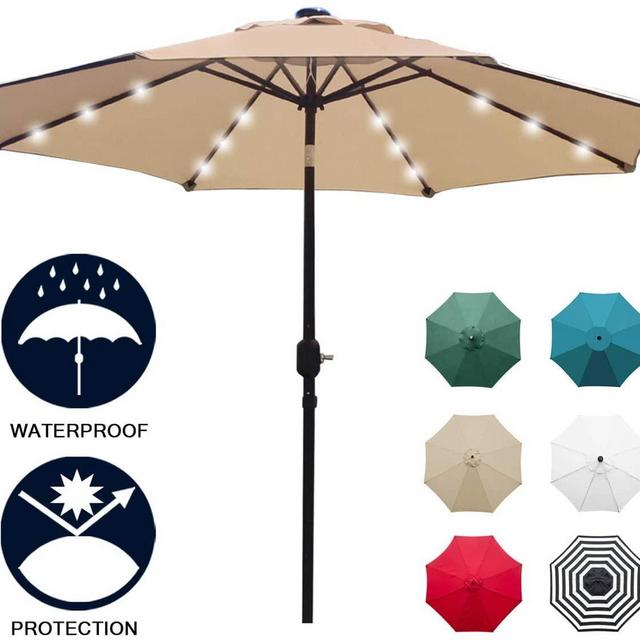 Sunnyglade 9' Solar 24 LED Lighted Patio Umbrella with 8 Ribs/Tilt Adjustment and Crank Lift System (Light Tan)
