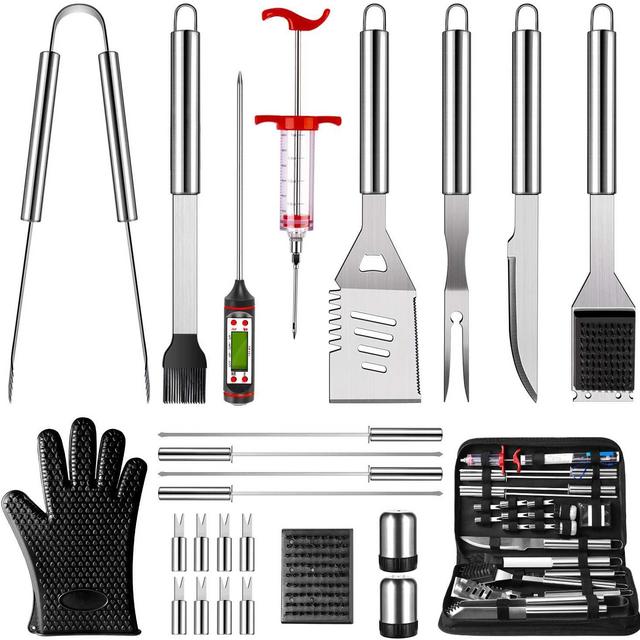 OlarHike BBQ Grilling Accessories Grill Tools Set, 25PCS Stainless Steel Grilling Kit for Smoker, Camping, Kitchen, Barbecue Utensil for Men Women with Thermometer and Meat Injector