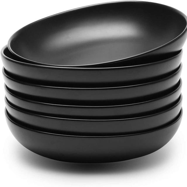 Wide and Shallow Porcelain Salad and Pasta Bowls Set of 6-24 Ounce Microwave and Dishwasher Safe Serving Dishes, Matte Black