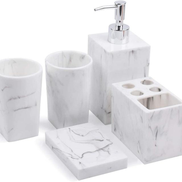 Jung Ford 5-Piece Bathroom Counter Top Accessory Set - Dispenser for Liquid Soap or Lotion, Soap Dish, Toothbrush Holder and 2 Tumblers, Marble Imitated Resin (Ink White)