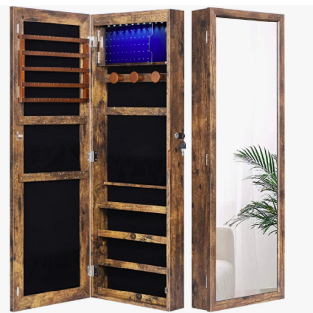 Nicetree 6 LEDs Jewelry Armoire Organizer, Wall/Door Mounted Jewelry Cabinet with Full Length Mirror, Larger Capacity, Dressing Mirror, (Rustic Brown)