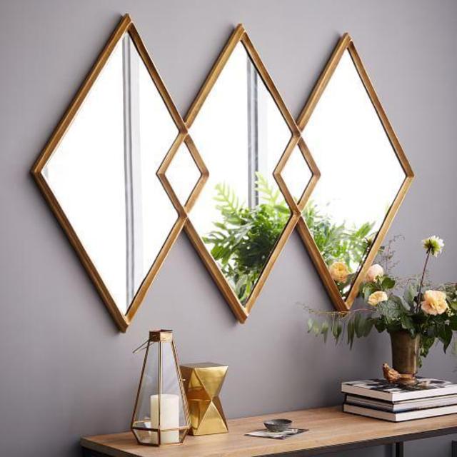 Overlapping Diamonds Mirror, Antique Brass
