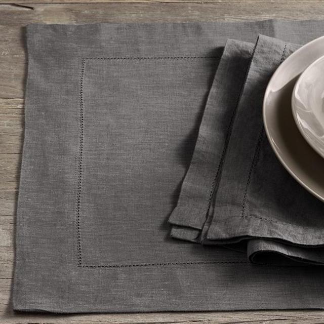 Stonewashed Belgian Linen Hemstitch Placemats (Set of 4) - Graphite